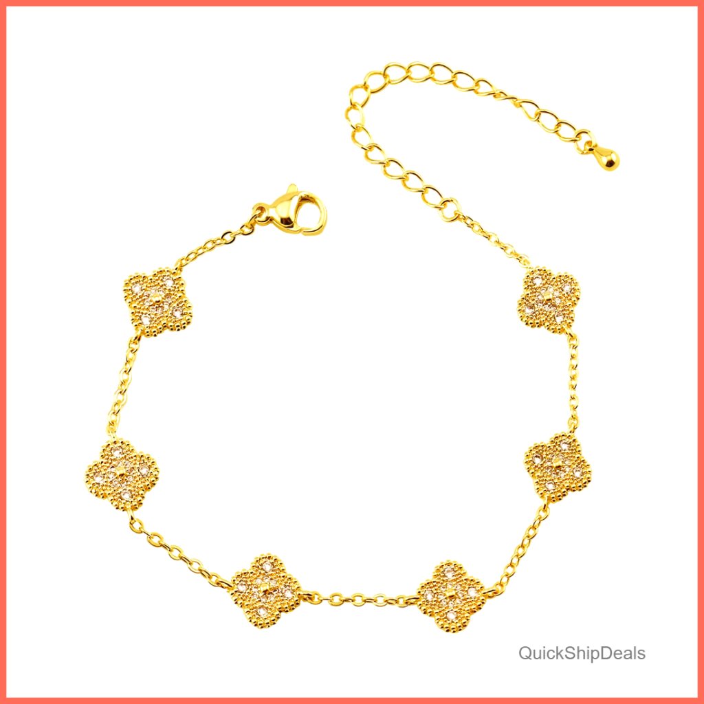 18k Gold Plated Link Bracelet Lucky Four Leaf Clover Stainless Steel